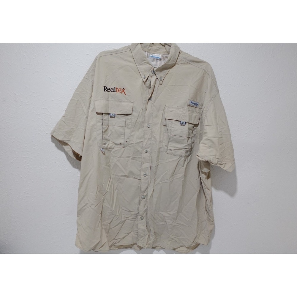 Columbia PFG Omni Shade Vented Fishing Shirt Tan Khaki Short Sleeves Men XLarge